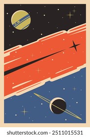 Fundo de espaço retrô, modelo de vetor para ilustrações cósmicas, capas, pôsteres. Saturno, Júpiter, cometa, estrelas. 1950s - 1960s Space Placards Estilo e cores