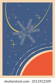 Retro Space Background, Vector Template for Cosmic Illustrations, Covers, Posters. Cosmic Probe, Sun, Planets, Asteroids, Orbits, Stars. 1950s -- 1960s Space Placards Style and Colors