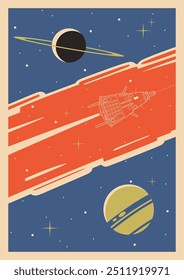 Fundo de espaço retrô, modelo de vetor para ilustrações cósmicas, capas, pôsteres. Sonda Cósmica, Júpiter, Saturno, Estrelas. 1950s — 1960s Space Placards Estilo e cores