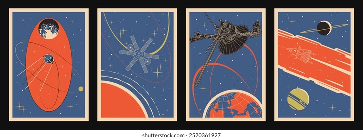 Fondo de espacio retro, Plantilla de Vector para Ilustraciones cósmicas, cubiertas, carteles. Naves espaciales, sondas, Luna, asteroides, órbitas, estrellas. 1950s -- 1960s Space Placards Estilo y Colores