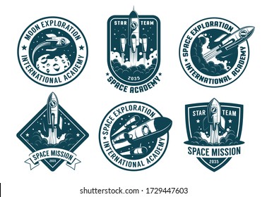 Retro Space Badges Set. Astronaut Emblems With Launch Rocket Vintage Pack. Vector Illustration.