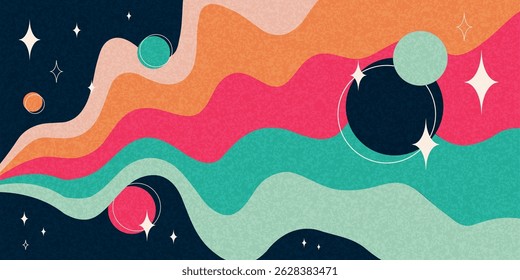 Retro space banner, abstract flat milky way striped path with planets, stars and grainy texture. Abstract cosmos wallpaper with bright colors. Vector illustration.