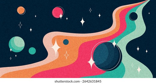 Retro space banner, abstract flat striped path with planets, stars and grainy texture. Abstract cosmos futuristic wallpaper with bright colors. Vector illustration.