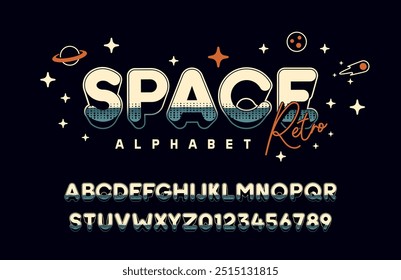 Fuente de espacio retro. Vector del alfabeto de Antiguas para el Diseño gráfico. Tipografía en negrita 3D con Elementos espaciales y estilo retro para logotipos, carteles e impresión