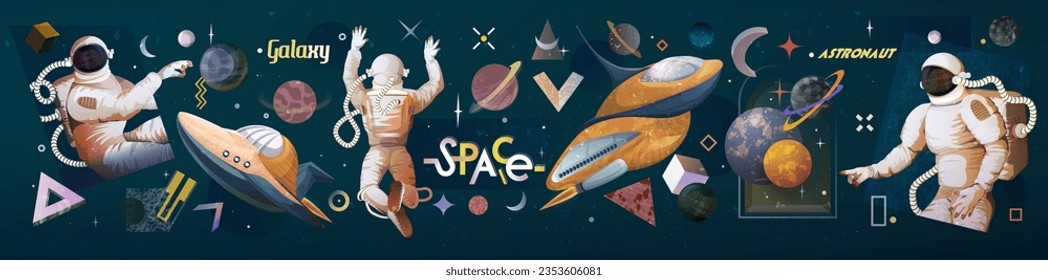 Retro space. Galaxy exploration. Astronaut in spacesuit. Cosmic planet or spaceship. Psychedelic abstract shapes. Interstellar shuttle flight. Universe exact poster. Vector illustration