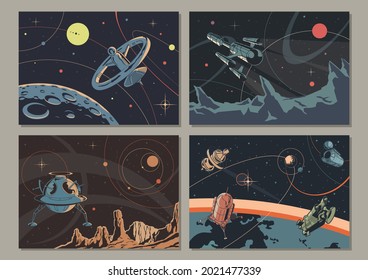 Retro Space Illustration Set, Retro Future Posters, Sci Fi Book Covers Stylization, Alien Planets Landscapes, Spaceships and Orbital Stations