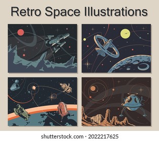 Retro Space Illustrations, Space Rockets and Spaceships, Planet Surfaces, Space and Stars