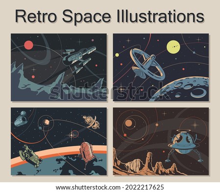 Retro Space Illustrations, Space Rockets and Spaceships, Planet Surfaces, Space and Stars