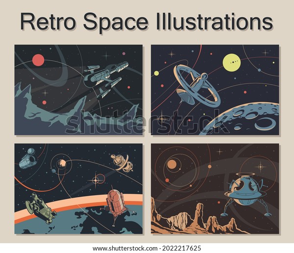 Retro Space Illustrations, Space Rockets\
and Spaceships, Planet Surfaces, Space and\
Stars