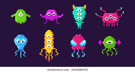 Retro space invader pixel aliens - colorful 8 bit monsters in classic arcade style. Quirky game characters with multiple eyes, tentacles and unique shapes for nostalgic gaming graphics or digital art.