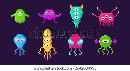 Retro space invader pixel aliens - colorful 8 bit monsters in classic arcade style. Quirky game characters with multiple eyes, tentacles and unique shapes for nostalgic gaming graphics or digital art.