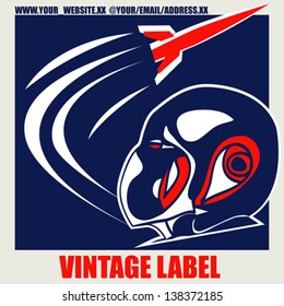 Retro Space Label, vector background with a rocket and pilot helmet