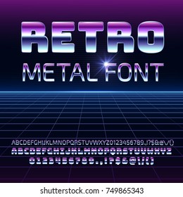 Retro Space Metal Vector Font. Metallica Futuristic Chrome Letters And Numbers In 80s Vintage Style. Futuristic Vintage Alphabet, Typeface 80s Typography Illustration