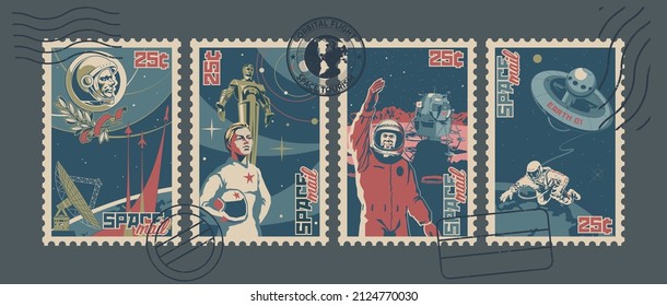 Retro Space Missions Postage Stamps Style Illustration Set, Astronauts and Cosmonauts, Space Rockets and Landing Module, Orbital Station and Telescope