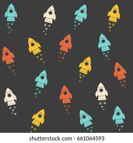 Retro space pattern with colorful rockets. Hand drawn cosmos seamless vector background. 