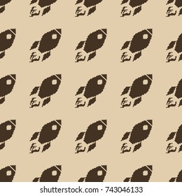 Retro space pattern with rockets. Hand drawn cosmos seamless vector background. Pixel art. 8 bit