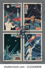 Retro Space Postage Stamps, Astronauts, Spacecraft, Scientist