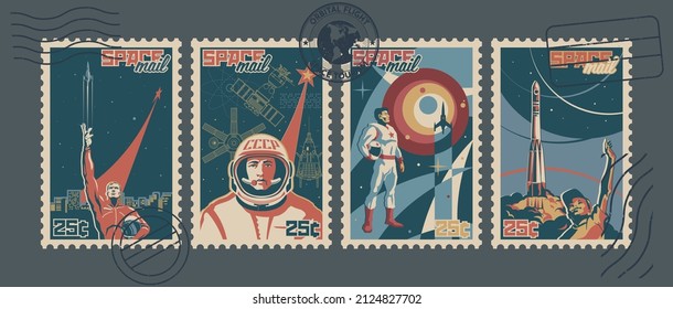 Retro Space Postage Stamps style Illustrations, Astronauts, Cosmonauts, Space Rockets and Satellites