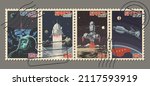 Retro Space Postage Stamps Stylization, Astronaut, Spacecraft, Planets