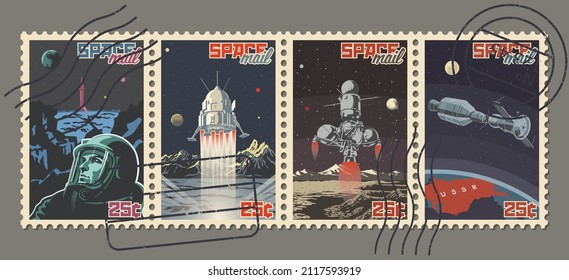 Retro Space Postage Briefmarken Stilisierung, Astronaut, Raumfahrzeuge, Planeten