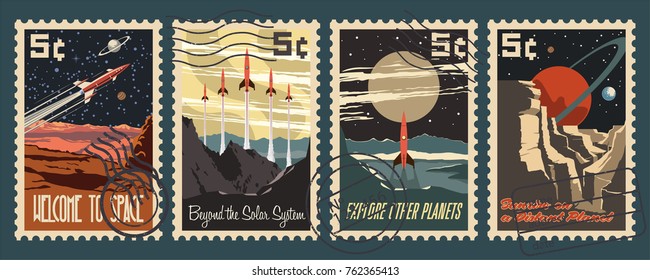 Retro Space Postage Stamps. Stylization under the American Mid Century Postmark