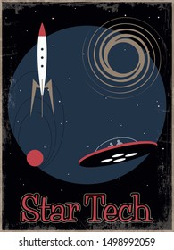 Retro Space Poster Mid Century Modern Style Illustration, Space Technologies, Spaceships, Galaxy