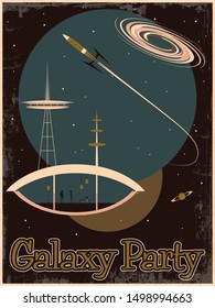 Retro Space Poster, Mid Century Modern Style Illustration, Galaxy Party, Retro Future Constructions and Spacecraft