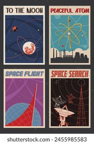 Retro Space Poster Set, Mid Century Modern Space Posters Style Illustrations. Planets, Atom, Nuclear Power Plant, Radio Telescope. 1960s Colors, Aged Texture Pattern 