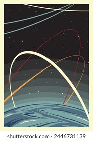 Retro Space Poster Template. Planet, Orbits, Stars. Retro Colors and Style Cosmic Background