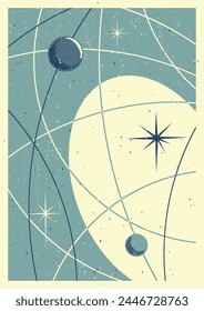 Retro Space Poster Template, Planets, Stars and Orbits. Mid Century modern Style Colors, Aged Texture Pattern 