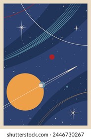 Plantilla de afiche de espacio retro. Planetas, luna, órbitas y estrellas. Mid Century Colores y estilo modernos