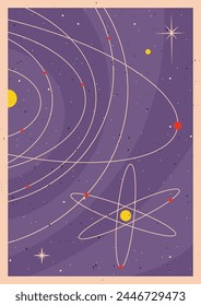 Retro Space Poster Vorlage. Sonnensystem, Orbits und Atom. Moderne Farben und Stil, gealtertes Texturmuster