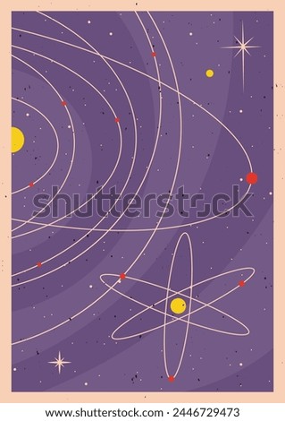 Retro Space Poster Template. Solar System, Orbits and Atom. Mid Century Modern Colors and Style, Aged Texture pattern