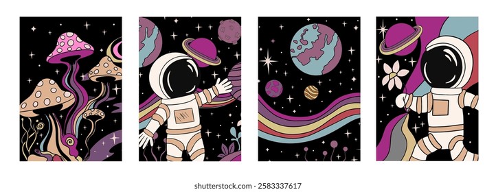 Retro space posters. Astronauts and psychedelic mushrooms. 