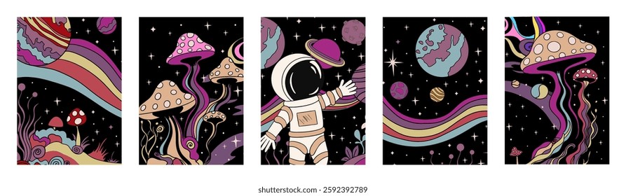 Retro space posters. Astronauts and psychedelic mushrooms.