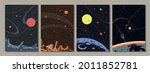 Retro Space Posters Style Backgrounds, Alien Planets, Stars and Satellites