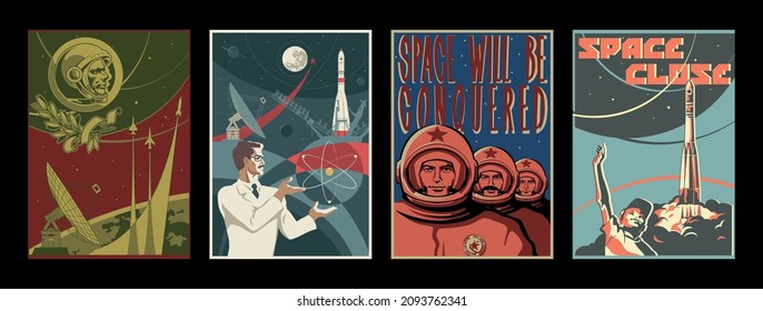 Retro Space Posters Style Illustration Set, Cosmonauts, Astronauts, Space Rockets, Scientist, Telescopes