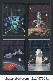 Retro Space Posters Style Illustration Set, Space Rockets, Astronaut, Orbital Station, Lander, Alien Planets