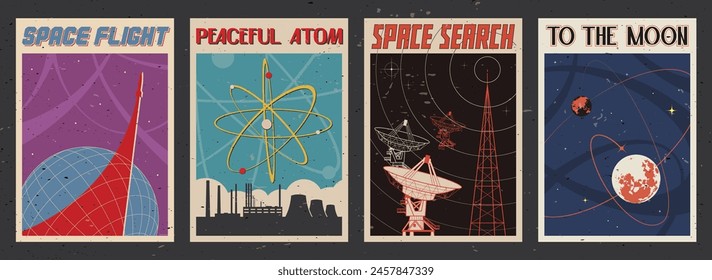 Retro Space Posters Style Illustration Set. Space Flights, Rockets, Atom, Telescopes, Earth, Moon, Stars. Aged Texture, 1960s Colors