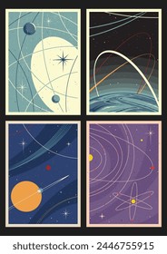 Retro Space Posters Template Set, Cosmic Age Illustrations, Mid Century Modern Colors and Style, Aged Texture Patterns. Planets, Moon, Orbits, Stars