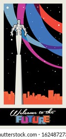 Retro Space Propaganda Poster Stylization, Flying Man Figure, Cityscape, Color Abstract Background