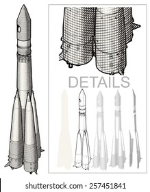 Retro Space Rocket im Gravierstil. Hoch detaillierte EPS-8, getrennt durch Schichten, für einfaches Bearbeiten