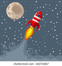 Retro Space Rocket Lifts Off. star background