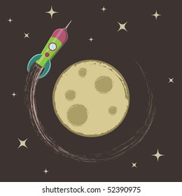 retro space rocket orbiting around the moon