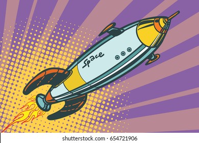 Retro Space Ship Flies Up. Pop Art Vector Illustration