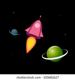Retro space ship and planets