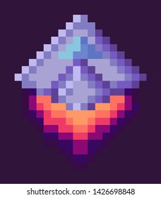 Retro spaceship, pixel art sign in 8 or 16 bit game in dark night sky. Vector starship in universe, pixel-art play and burning rocket ship on purple, pixelated cosmic object for mobile app games