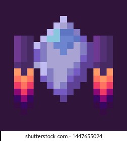 Retro spaceship, pixel art sign in 8 or 16 bit game in dark night sky. Vector starship in universe, pixel-art play and burning rocket ship on purple, pixelated cosmic object for mobile app games