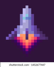 Retro spaceship, pixel art sign in 8 or 16 bit game in dark night sky. Vector starship in universe, pixel-art play and burning rocket ship on purple, pixelated cosmic object for mobile app games