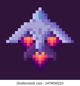 Retro spaceship, pixel art sign in 8 or 16 bit game in dark night sky. Vector starship in universe, pixel-art play and burning rocket ship on purple, pixelated cosmic object for mobile app games